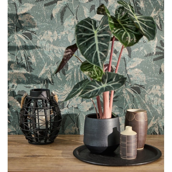 Papel pintado selva vintage de hojas oro fondo verde oscuro - Hibiscus Radiant 684898