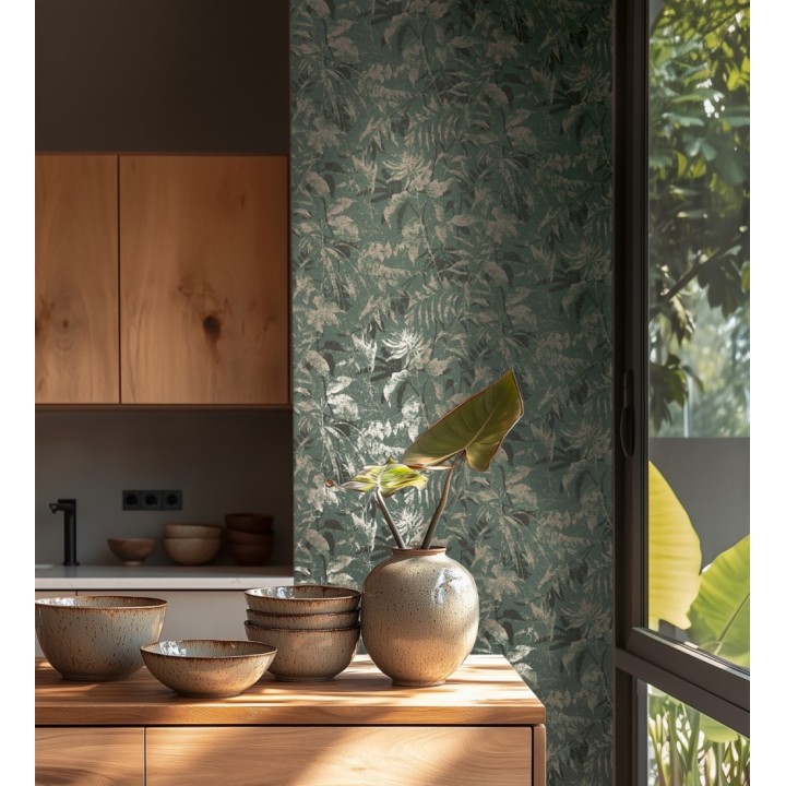 Papel pintado selva vintage de hojas oro fondo verde oscuro - Hibiscus Radiant 684898