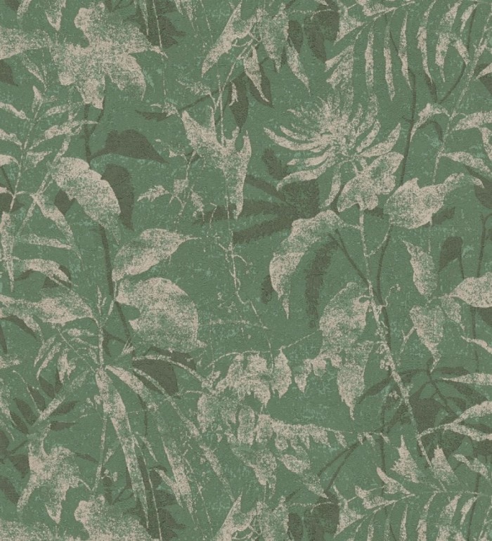 Papel pintado selva vintage de hojas oro viejo fondo verde esmeralda - Hibiscus Radiant 684899