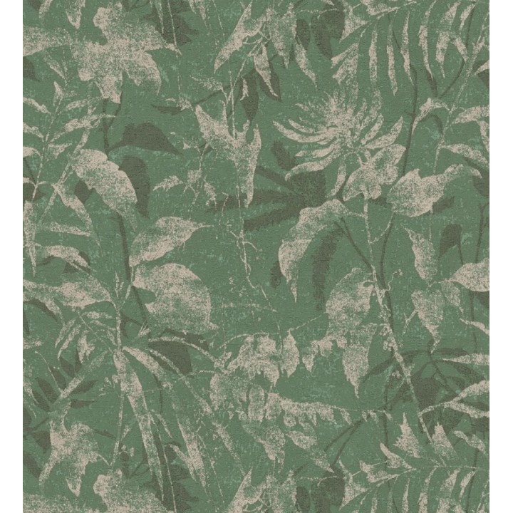 Papel pintado selva vintage de hojas oro viejo fondo verde esmeralda - Hibiscus Radiant 684899