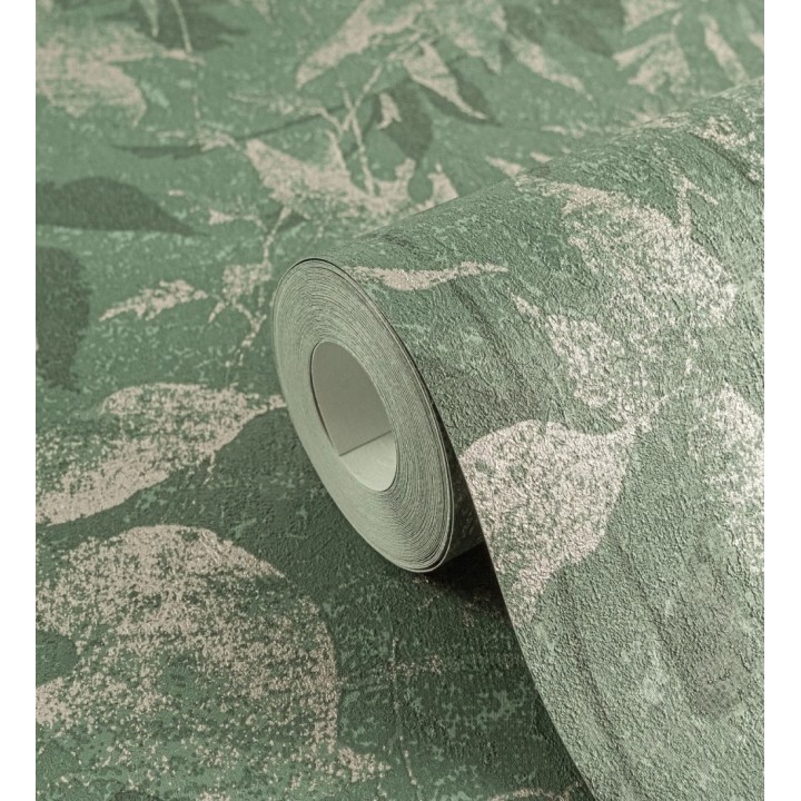 Papel pintado selva vintage de hojas oro viejo fondo verde esmeralda - Hibiscus Radiant 684899