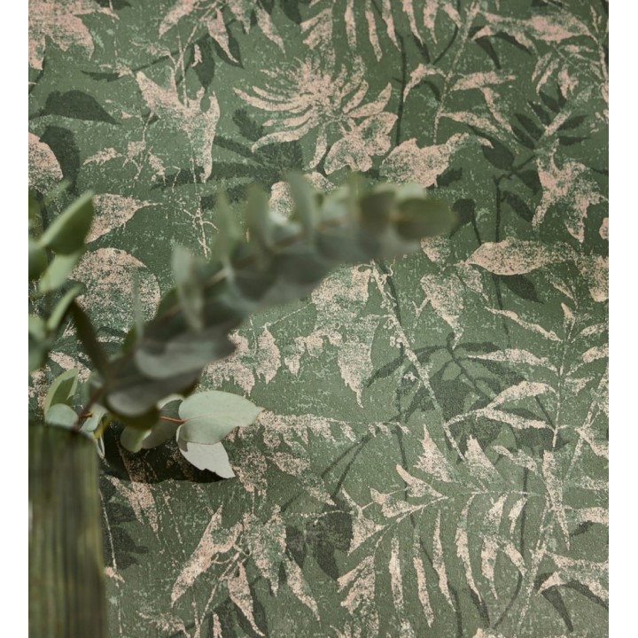Papel pintado selva vintage de hojas oro viejo fondo verde esmeralda - Hibiscus Radiant 684899
