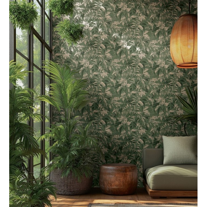 Papel pintado selva vintage de hojas oro viejo fondo verde esmeralda - Hibiscus Radiant 684899