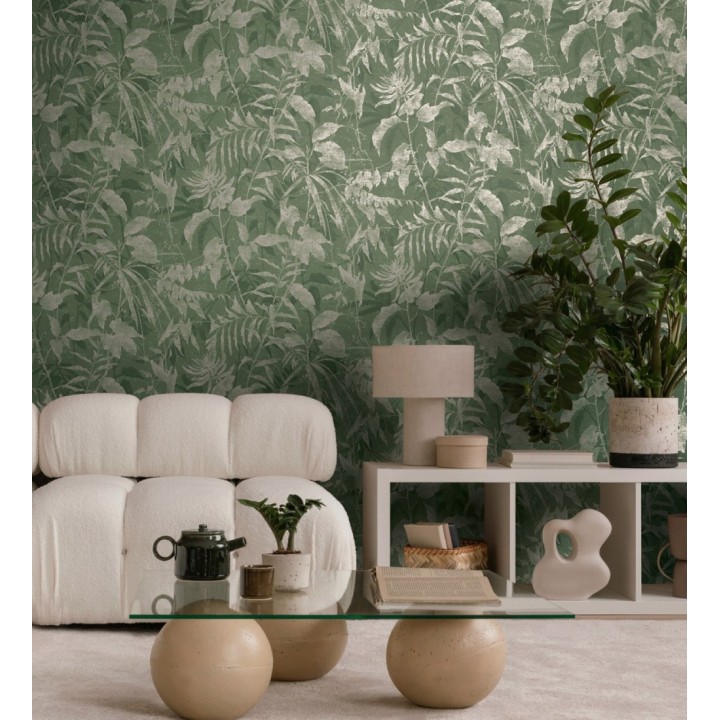 Papel pintado selva vintage de hojas oro viejo fondo verde esmeralda - Hibiscus Radiant 684899