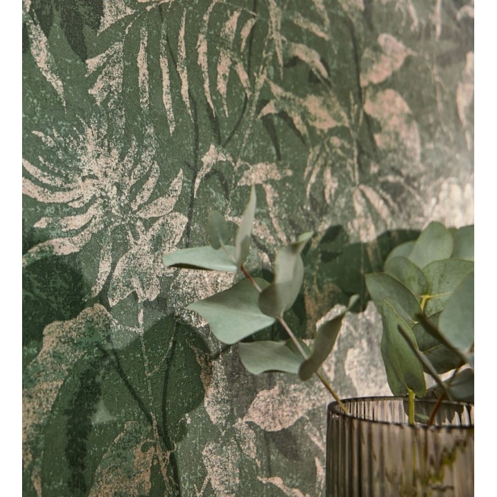 Papel pintado selva vintage de hojas oro viejo fondo verde esmeralda - Hibiscus Radiant 684899