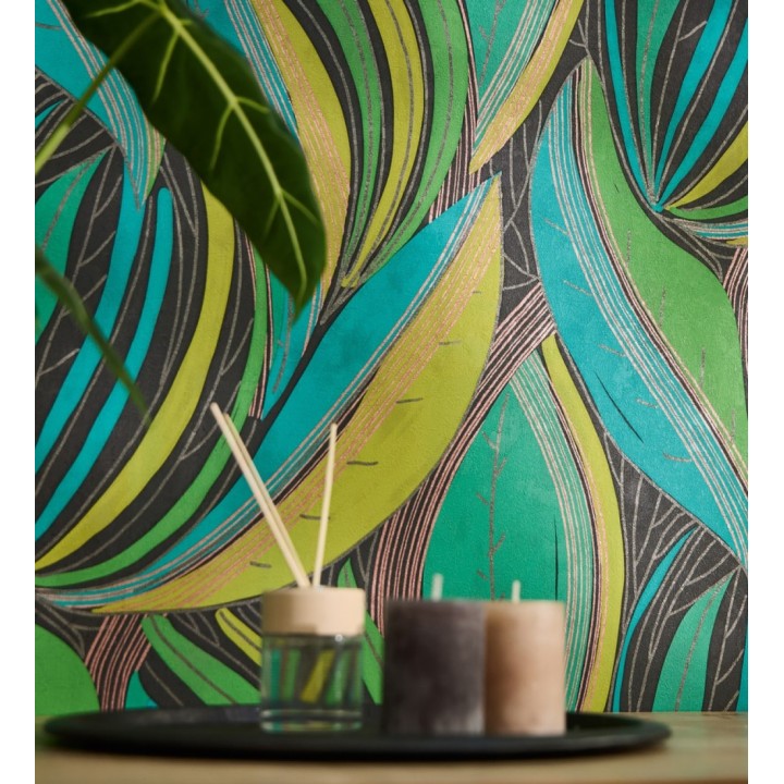 Papel pintado hojas vibrantes en grabado retro texturizado - Hibiscus Lush 684906