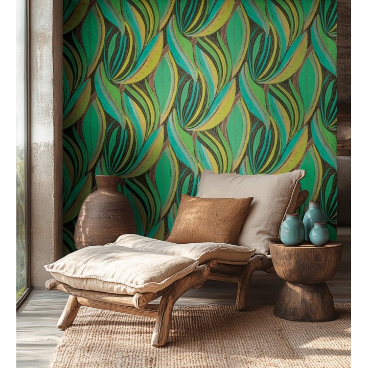 Papel pintado hojas vibrantes en grabado retro texturizado - Hibiscus Lush 684906