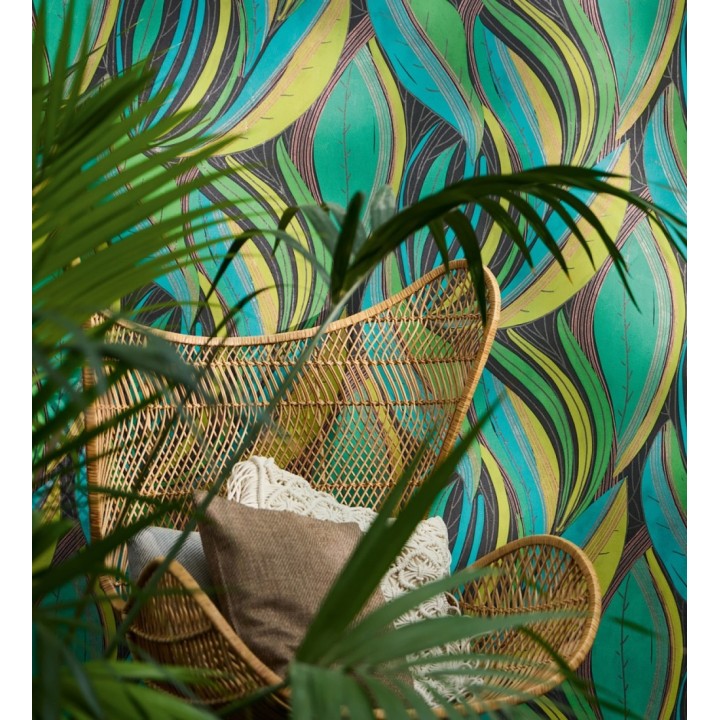 Papel pintado hojas vibrantes en grabado retro texturizado - Hibiscus Lush 684906