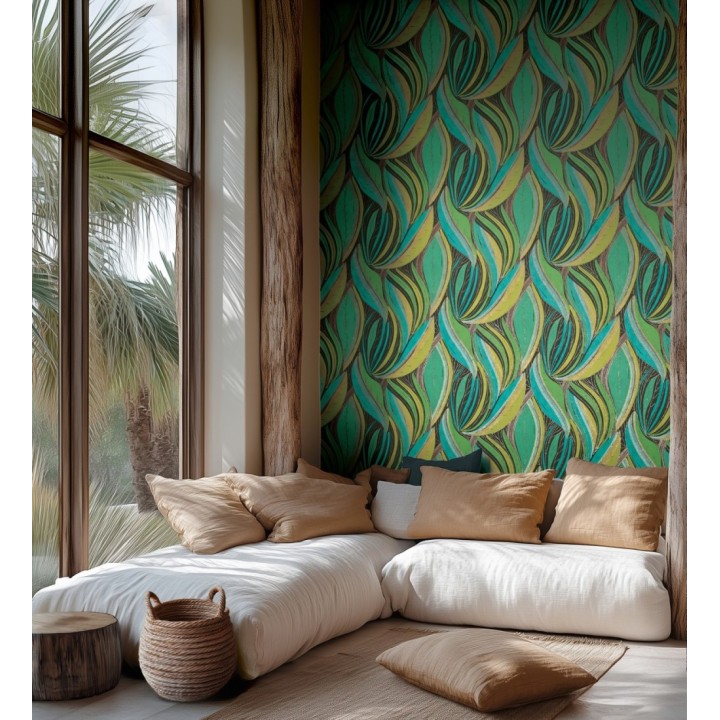 Papel pintado hojas vibrantes en grabado retro texturizado - Hibiscus Lush 684906