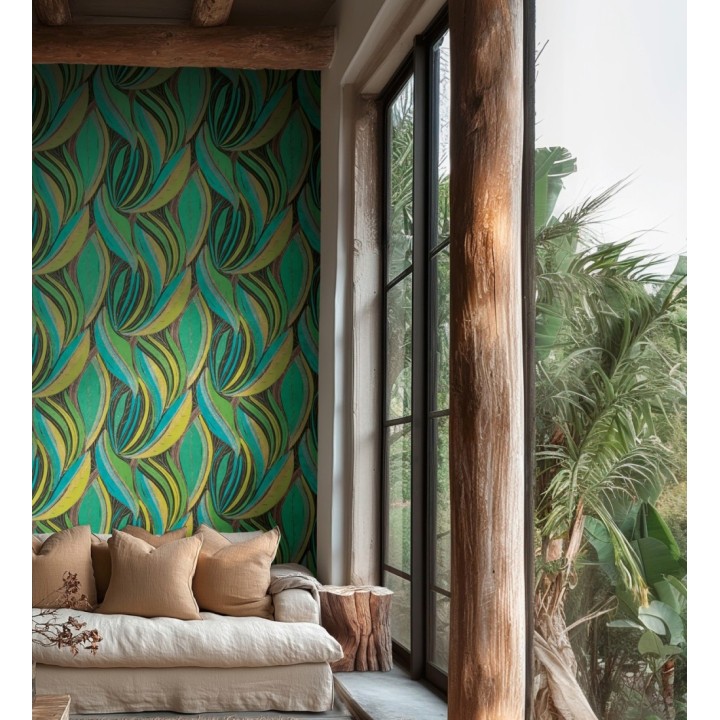 Papel pintado hojas vibrantes en grabado retro texturizado - Hibiscus Lush 684906