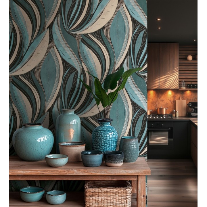 Papel pintado hojas vibrantes en grabado retro texturizado - Hibiscus Lush 684907