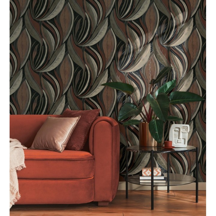 Papel pintado hojas vibrantes en grabado retro texturizado - Hibiscus Lush 684908