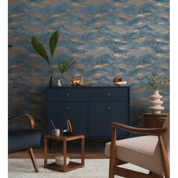 Papel pintado lienzo con nubes doradas evanescentes fondo azul - Ocean Bold 684911