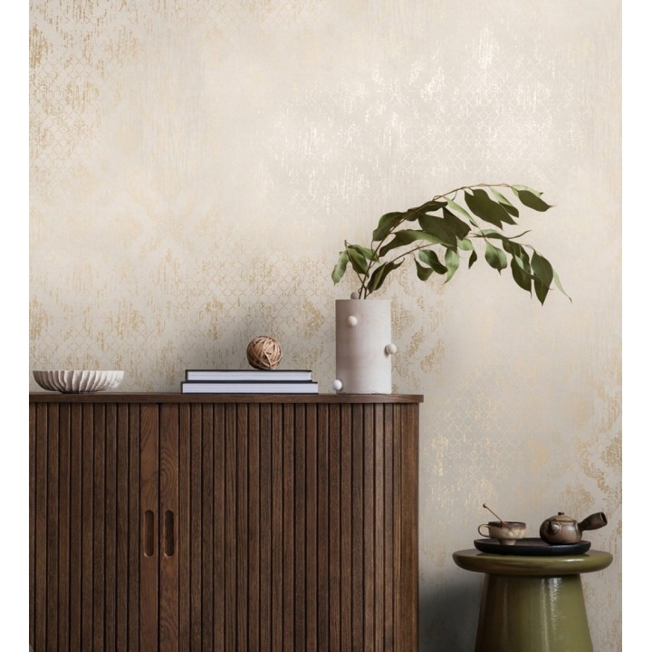 Papel pintado damasco pátina antigua dorado y blanco roto - Roma Eternal 684917