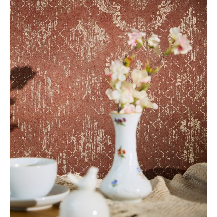 Papel pintado damasco pátina antigua dorado y burdeos - Roma Eternal 684918
