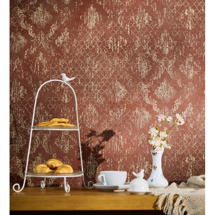 Papel pintado damasco pátina antigua dorado y burdeos - Roma Eternal 684918