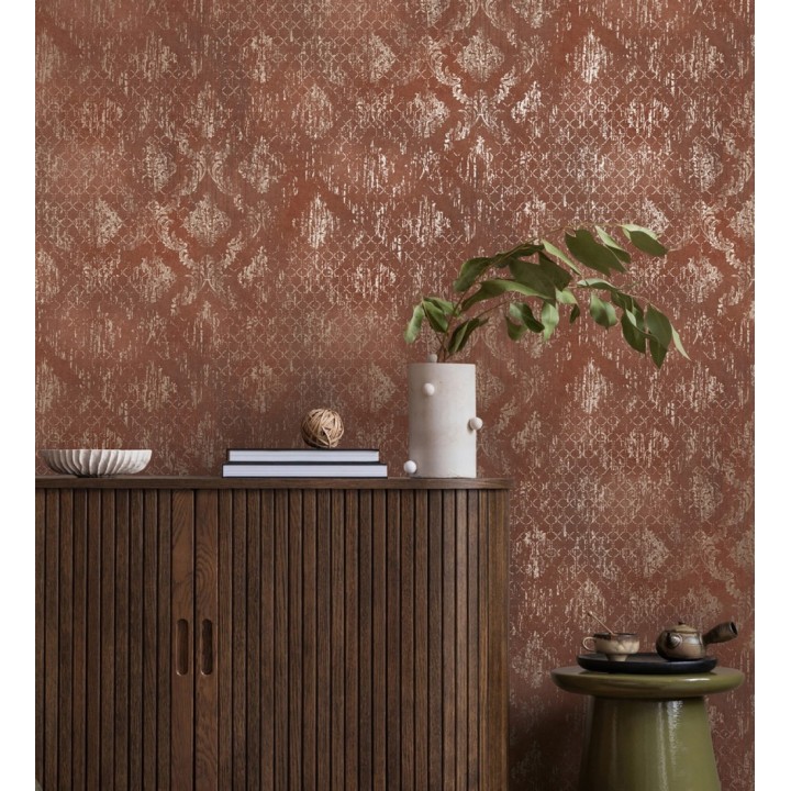 Papel pintado damasco pátina antigua dorado y burdeos - Roma Eternal 684918