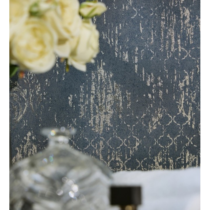 Papel pintado damasco pátina antigua dorado y azul eléctrico - Roma Eternal 684919