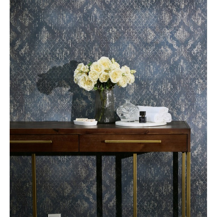 Papel pintado damasco pátina antigua dorado y azul eléctrico - Roma Eternal 684919