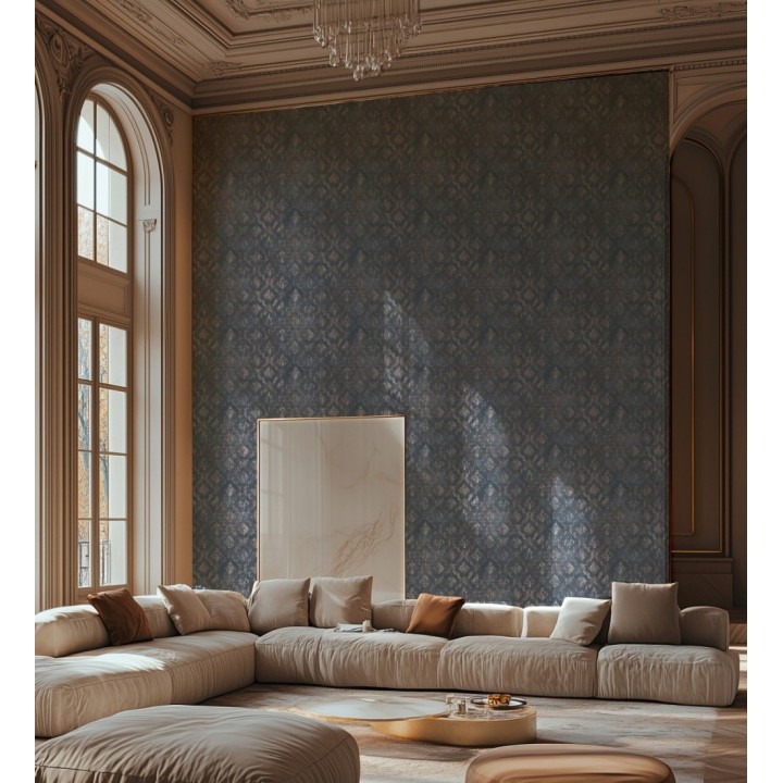 Papel pintado damasco pátina antigua dorado y azul eléctrico - Roma Eternal 684919