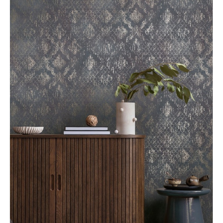 Papel pintado damasco pátina antigua dorado y azul eléctrico - Roma Eternal 684919