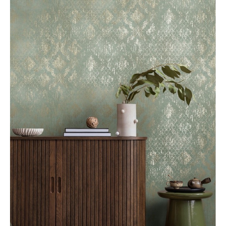 Papel pintado damasco pátina antigua dorado y verde celadón - Roma Eternal 684920