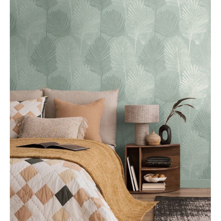 Papel pintado sutiles palmas verdes textura textil fondo verde salvia - Lantau Mystic 684924