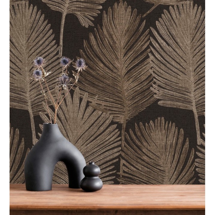 Papel pintado sutiles palmas tonos visón textura textil fondo negro - Lantau Mystic 684926