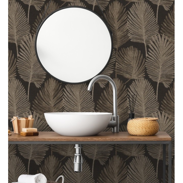 Papel pintado sutiles palmas tonos visón textura textil fondo negro - Lantau Mystic 684926