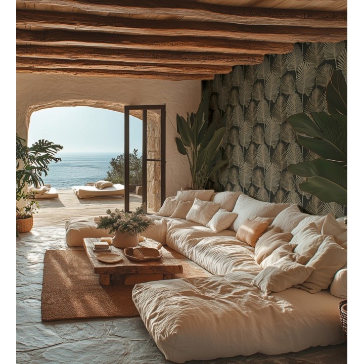 Papel pintado sutiles palmas tonos visón textura textil fondo negro - Lantau Mystic 684926