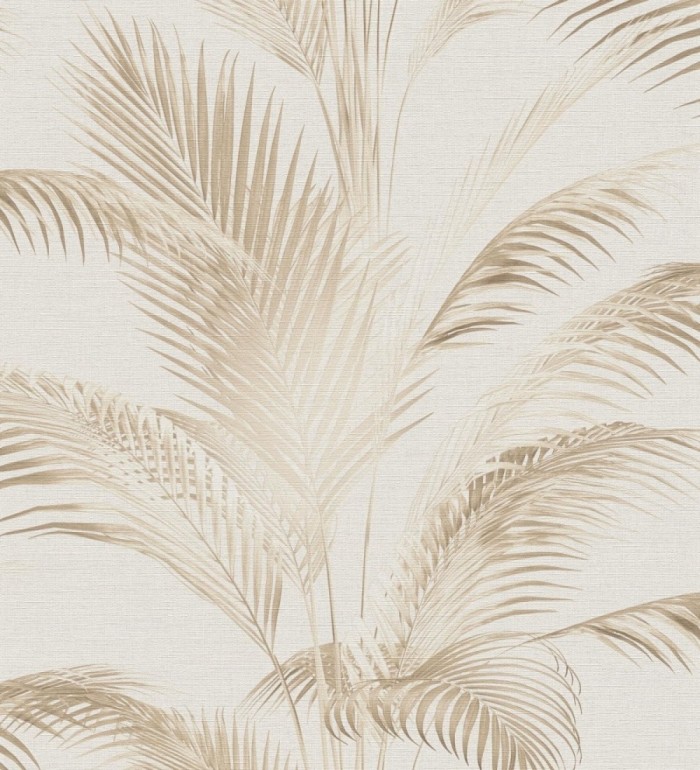 Papel pintado sutiles hojas palmera beige fondo texturizado arena - Tulum Majestic 684927