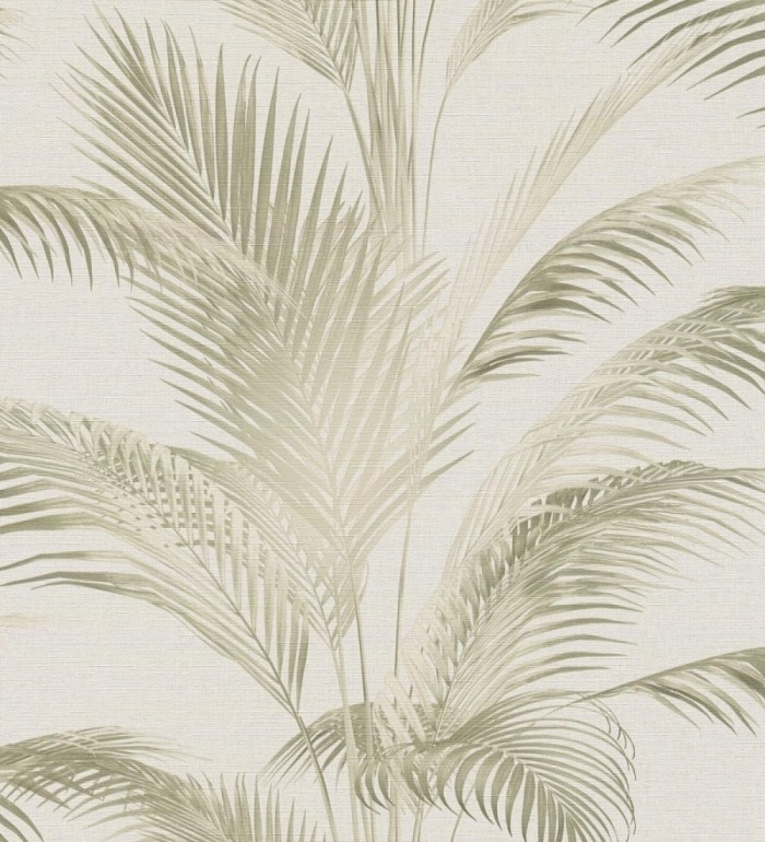 Papel pintado sutiles hojas palmera verde fondo texturizado arena - Tulum Majestic 684928