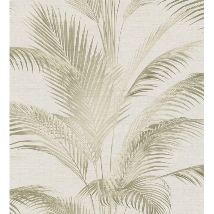 Papel pintado sutiles hojas palmera verde fondo texturizado arena - Tulum Majestic 684928