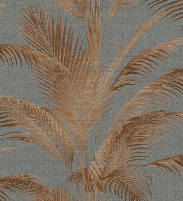 Papel pintado sutiles hojas palmera marrón fondo texturizado antracita - Tulum Majestic 684929