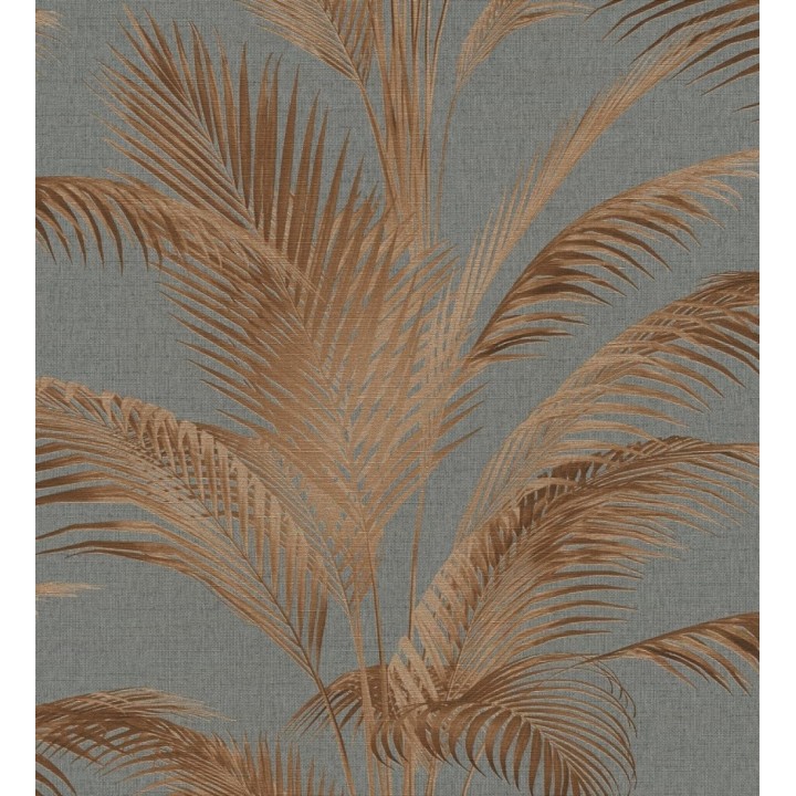 Papel pintado sutiles hojas palmera marrón fondo texturizado antracita - Tulum Majestic 684929