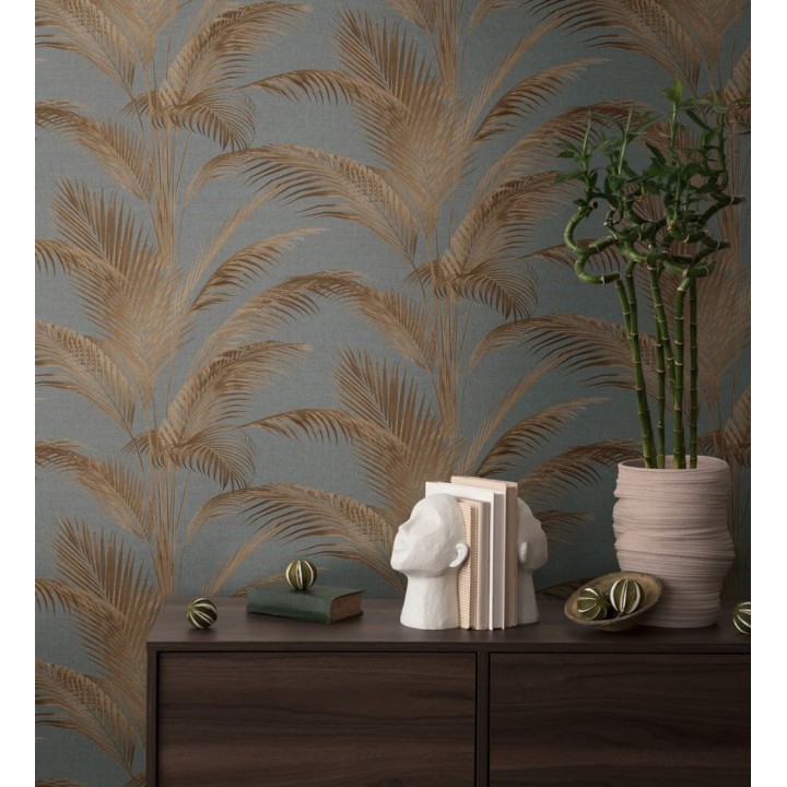 Papel pintado sutiles hojas palmera marrón fondo texturizado antracita - Tulum Majestic 684929