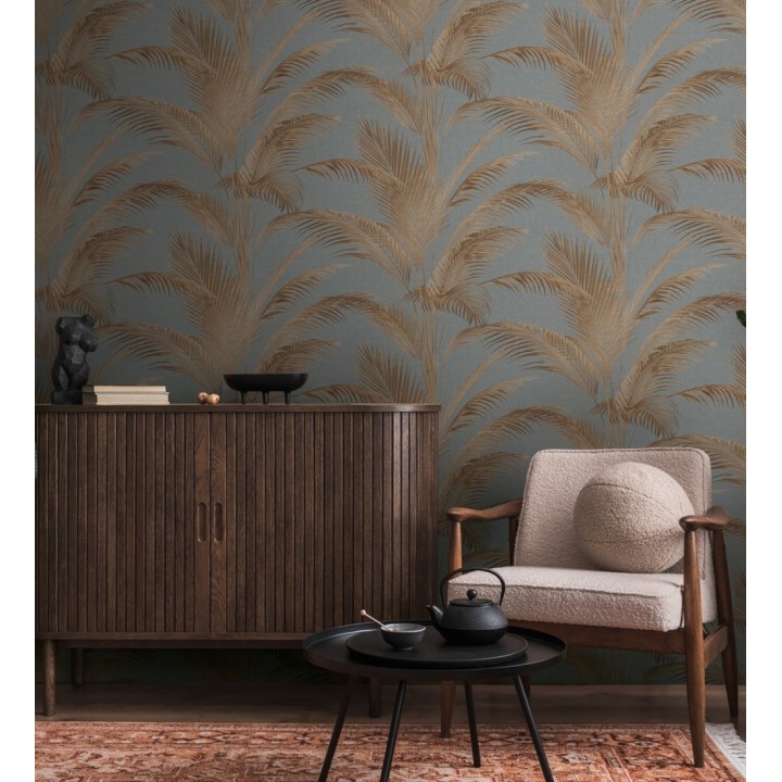 Papel pintado sutiles hojas palmera marrón fondo texturizado antracita - Tulum Majestic 684929