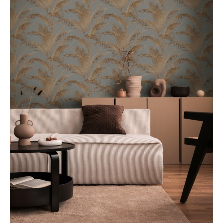 Papel pintado sutiles hojas palmera marrón fondo texturizado antracita - Tulum Majestic 684929