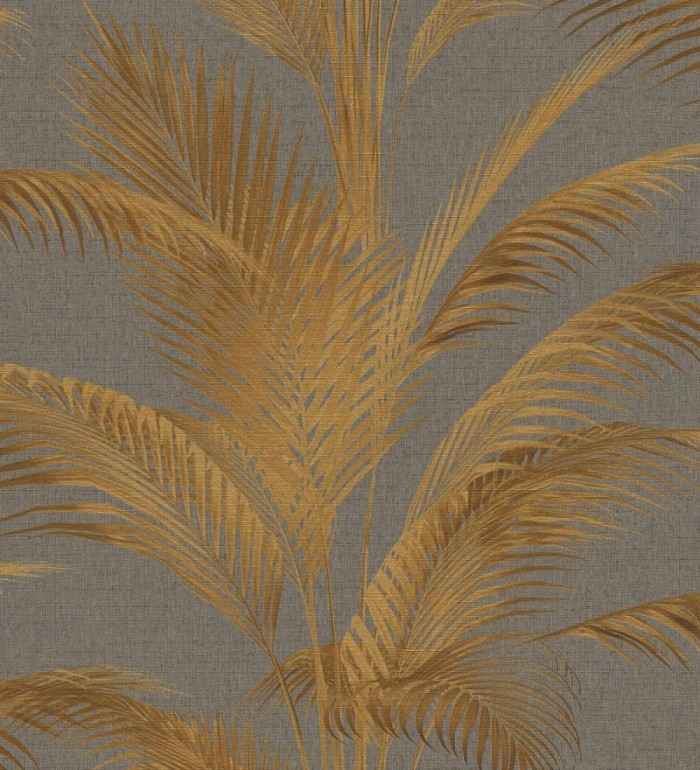 Papel pintado sutiles hojas palmera doradas fondo texturizado gris amarronado - Tulum Majestic 684930