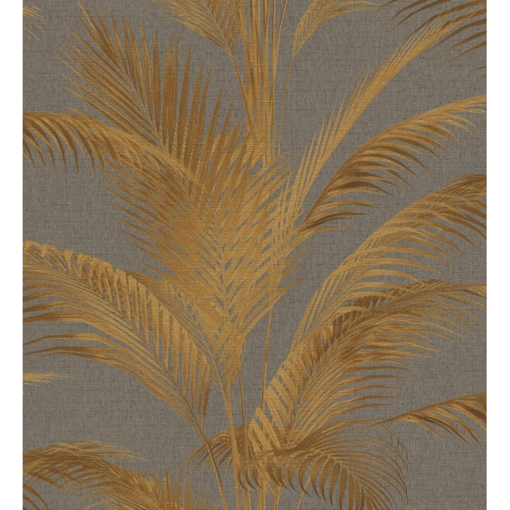Papel pintado sutiles hojas palmera doradas fondo texturizado gris amarronado - Tulum Majestic 684930