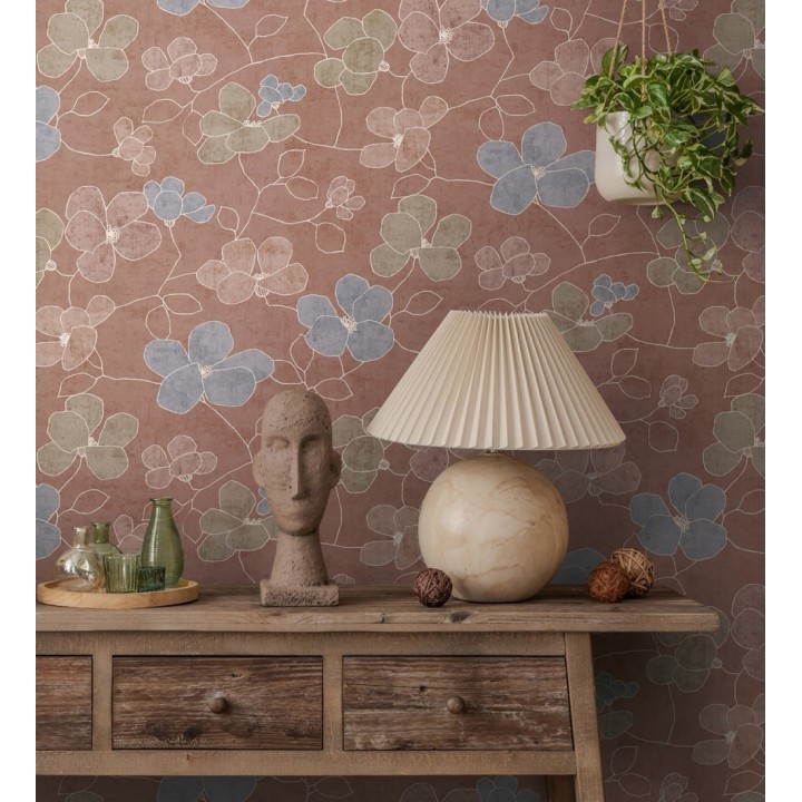 Papel pintado flores abstractas textura estucada fondo color terracota - Valentina Lovely 684940
