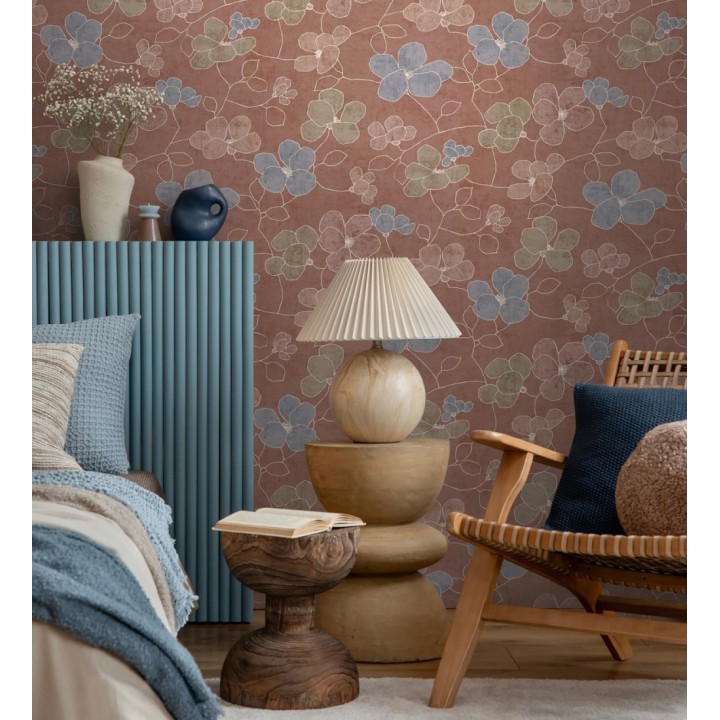 Papel pintado flores abstractas textura estucada fondo color terracota - Valentina Lovely 684940