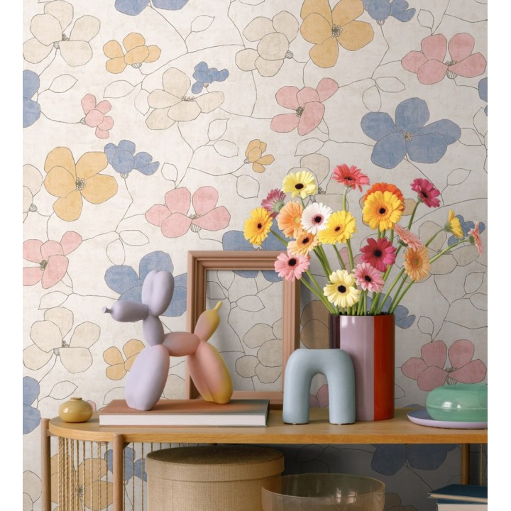 Papel pintado flores abstractas textura estucada fondo beige claro - Valentina Lovely 684941