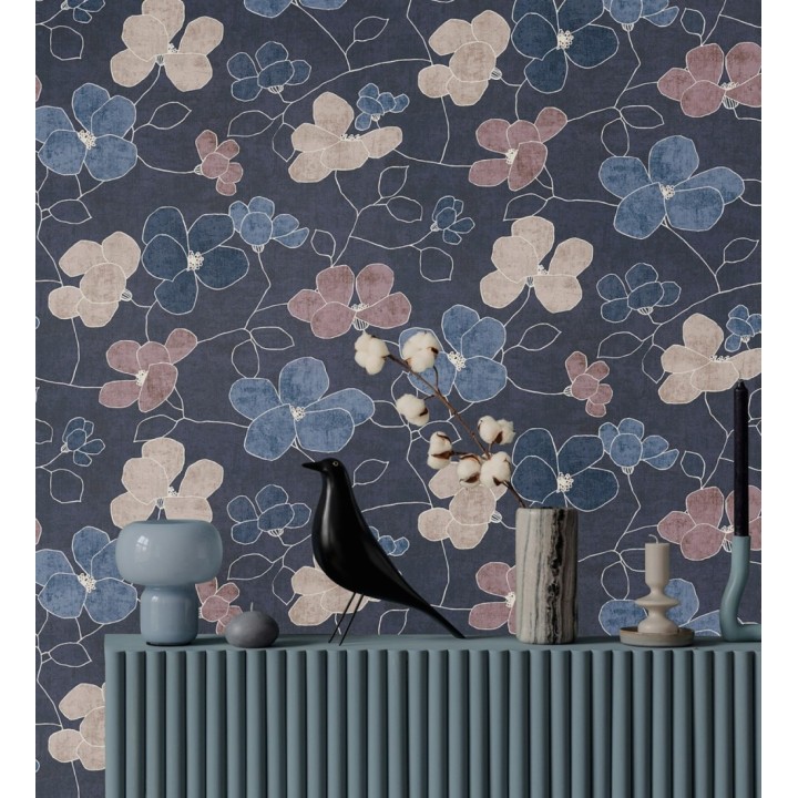 Papel pintado flores abstractas textura estucada fondo azul medianoche - Valentina Lovely 684943