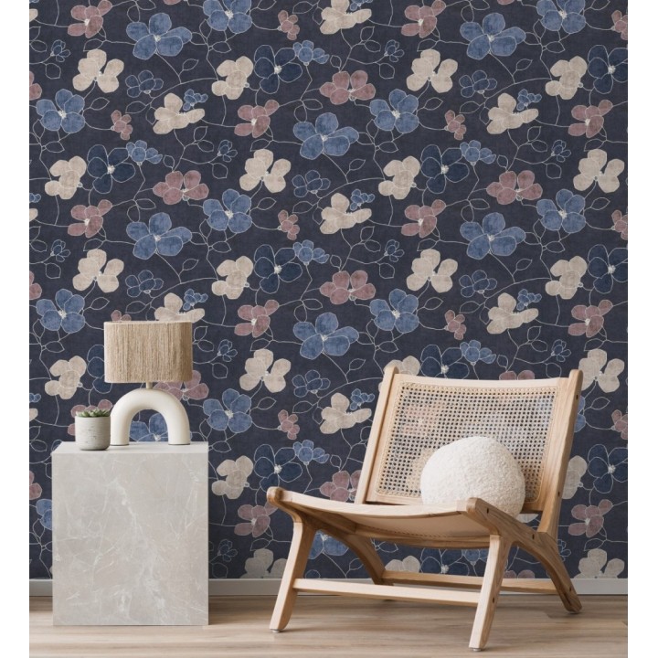 Papel pintado flores abstractas textura estucada fondo azul medianoche - Valentina Lovely 684943