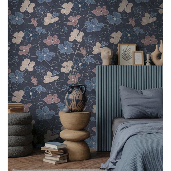 Papel pintado flores abstractas textura estucada fondo azul medianoche - Valentina Lovely 684943