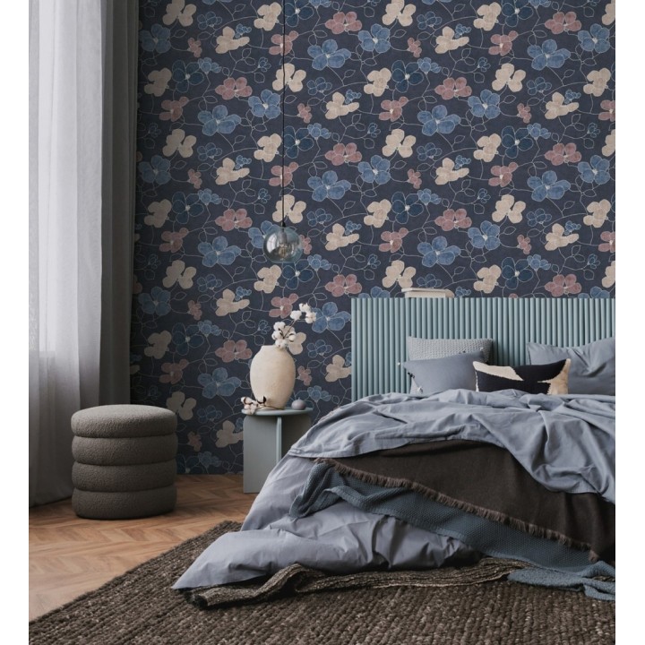 Papel pintado flores abstractas textura estucada fondo azul medianoche - Valentina Lovely 684943