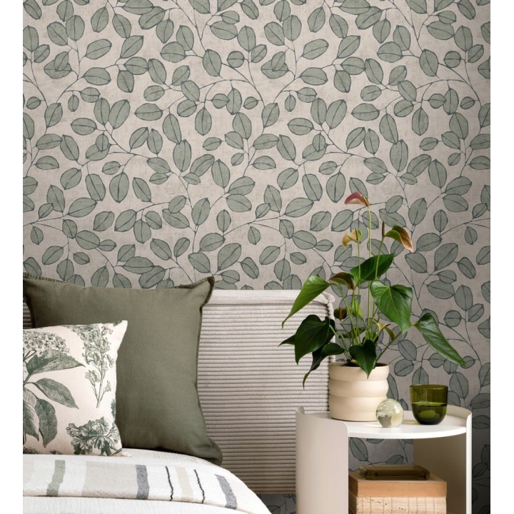 Papel pintado hojas vintage pátina verde bosque claro - Euca Pristine 684944