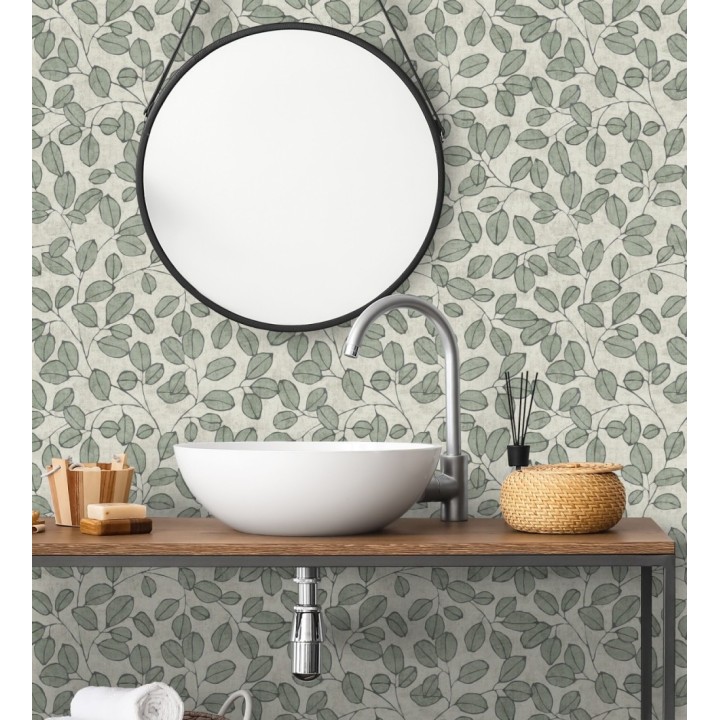 Papel pintado hojas vintage pátina verde bosque claro - Euca Pristine 684944