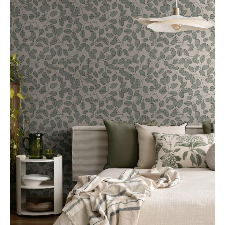 Papel pintado hojas vintage pátina verde bosque claro - Euca Pristine 684944